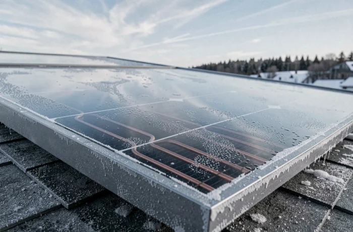 Gros plan sur un capteur solaire thermique recouvert de givre en hiver montrant les détails de l'absorbeur et du vitrage