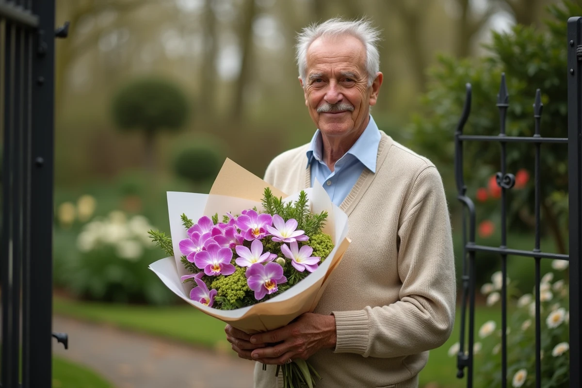 Homme âgé présentant bouquet d