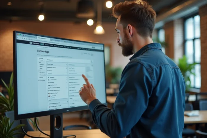 Homme debout dans un espace de coworking analysant la structure d'un sitemap de site d'emploi sur un grand écran