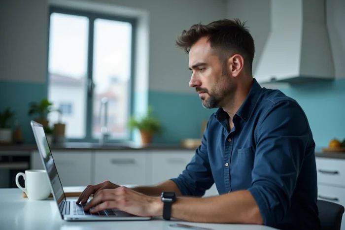 Homme effectuant une demande de relevé d'information d'assurance auto en ligne sur un ordinateur portable