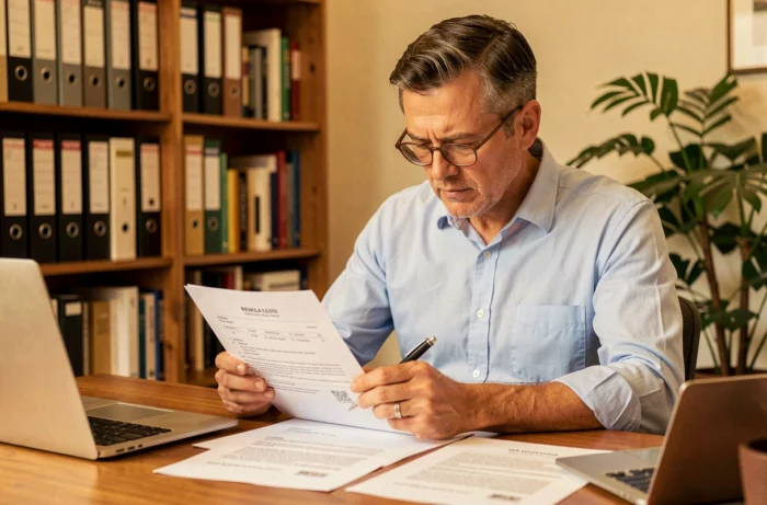 Homme lisant attentivement un contrat de bail pour une location immobilière à son bureau