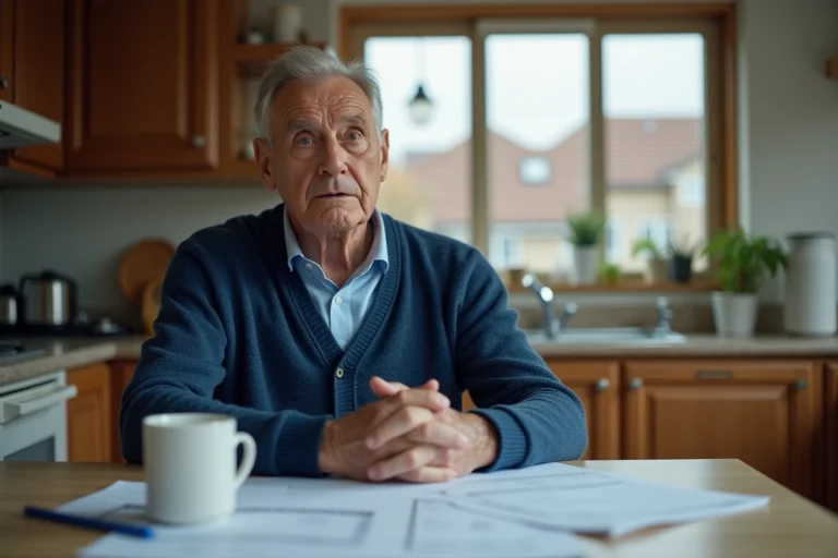 Homme senior pensif dans sa cuisine avec papiers et tasse