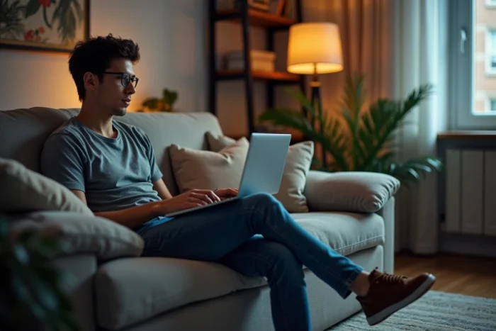 Jeune homme regardant un match sur son ordinateur dans un salon moderne