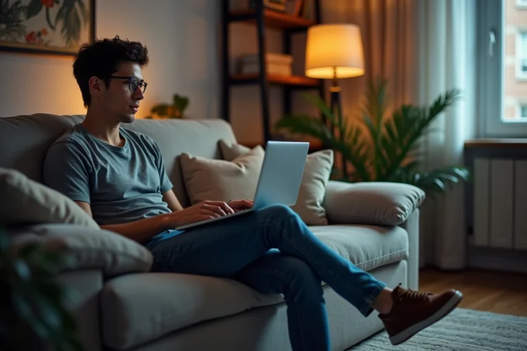 Jeune homme regardant un match sur son ordinateur dans un salon moderne
