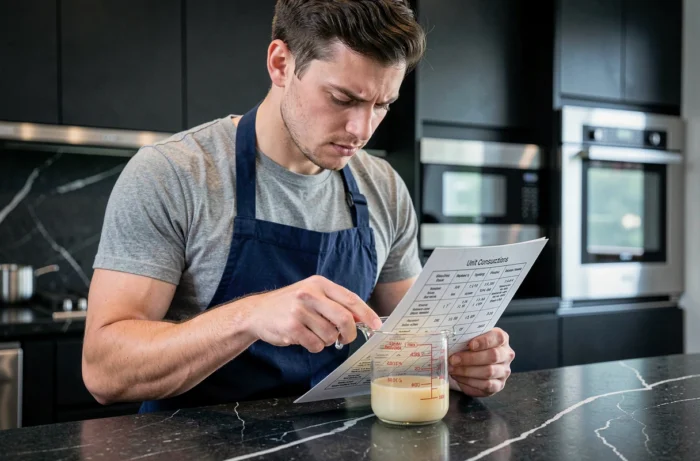 Jeune homme consultant un tableau de conversion cuisine avec un verre doseur en millilitres dans une cuisine moderne