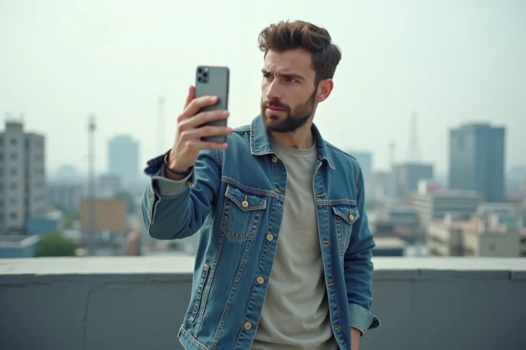 Homme en ville vérifiant son signal avec smartphone