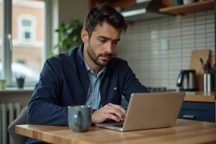 Homme consultant ses gains sur une application de micro-tâches comme Roamler depuis son domicile