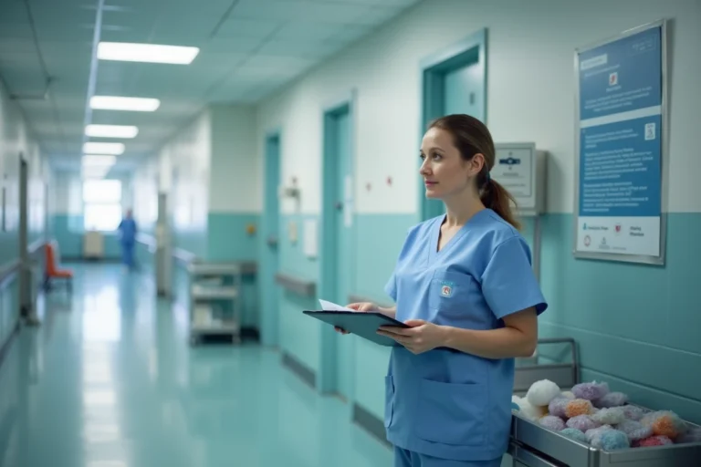 Infirmière en blouse bleue vérifiant le matériel hospitalier