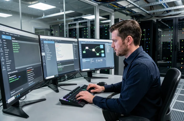 Ingénieur réseau configurant des paramètres DNS et des ports TCP sur plusieurs écrans dans une salle de data center professionnelle