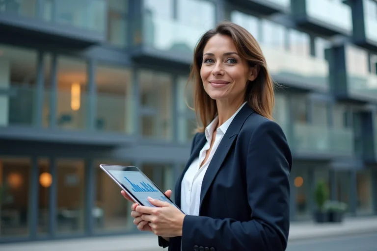 Femme cadre tenant une tablette avec des données immobilières devant un immeuble résidentiel moderne en milieu urbain
