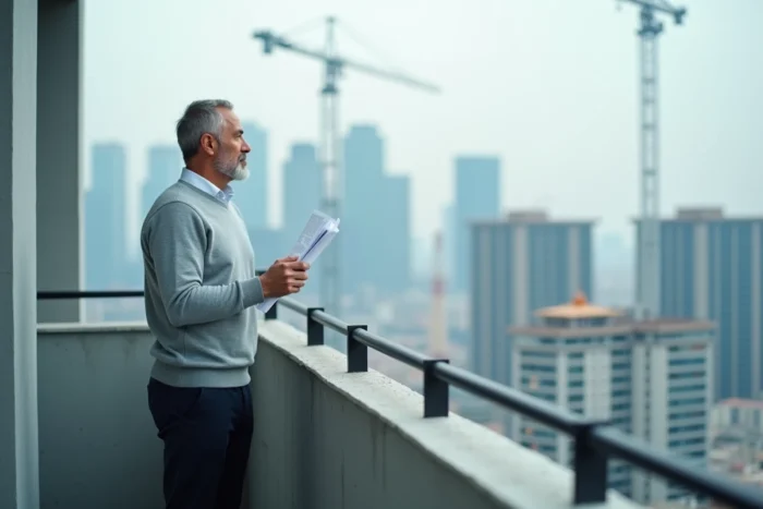 Homme investisseur immobilier observant un panorama urbain en construction depuis le balcon d'un appartement neuf
