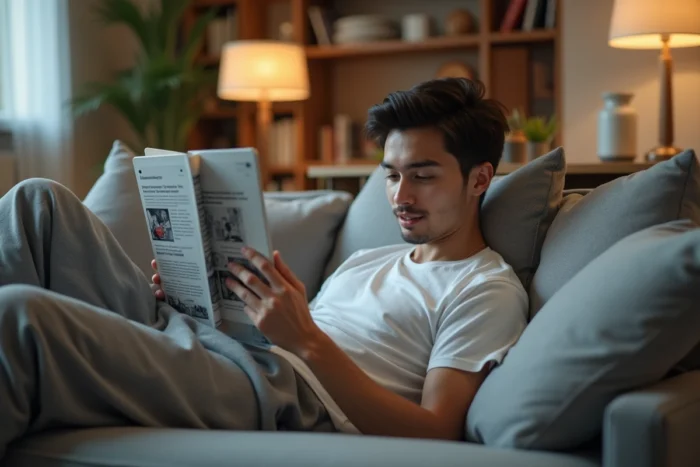Jeune adulte lisant un manga en scantrad sur tablette allongé dans son salon moderne