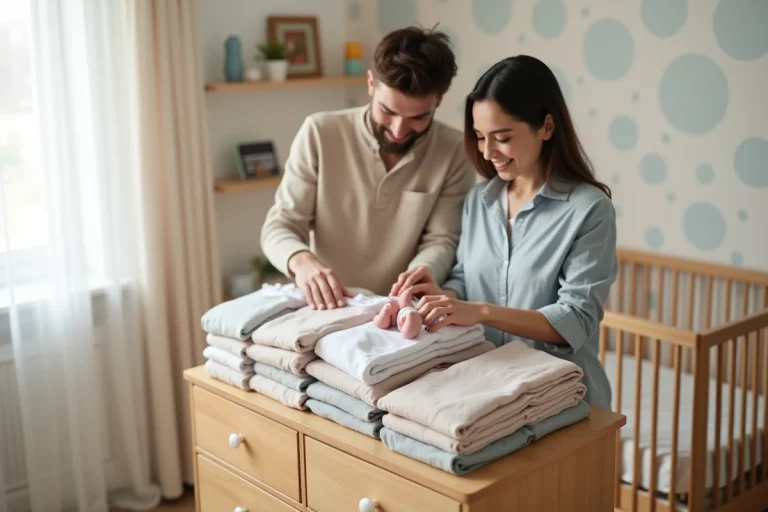 Jeune couple organisant des vêtements de bébé dans une nurserie lumineuse