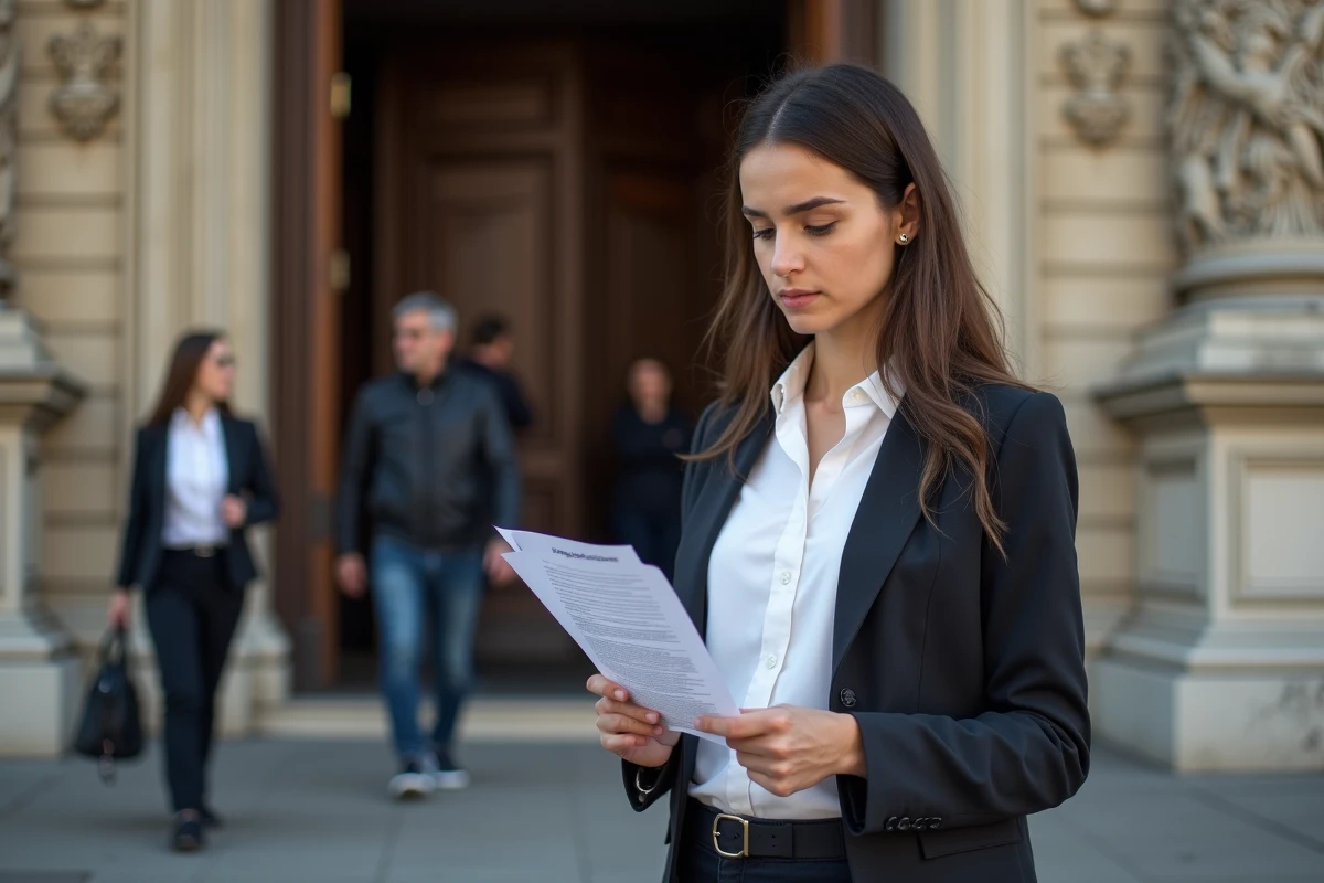 Jeune femme lisant un article devant un tribunal historique