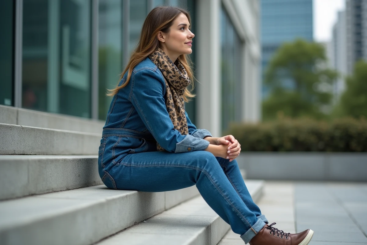 Jeune femme en jumpsuit denim assise détendue