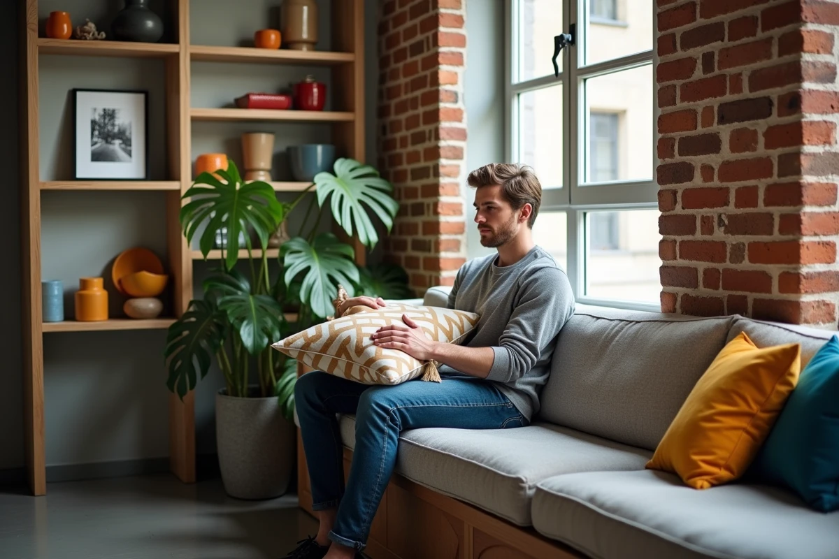Jeune homme avec coussin géométrique dans un loft lumineux