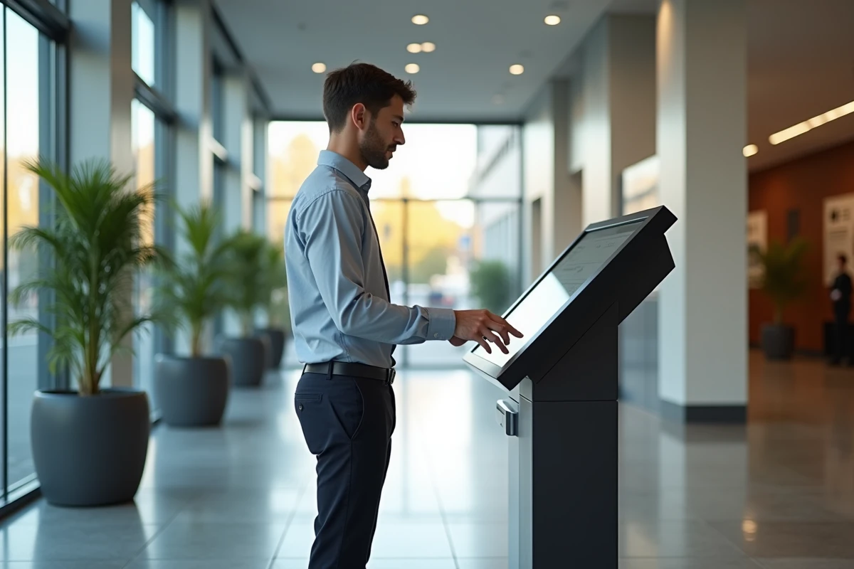Jeune homme au kiosque dans une mairie moderne