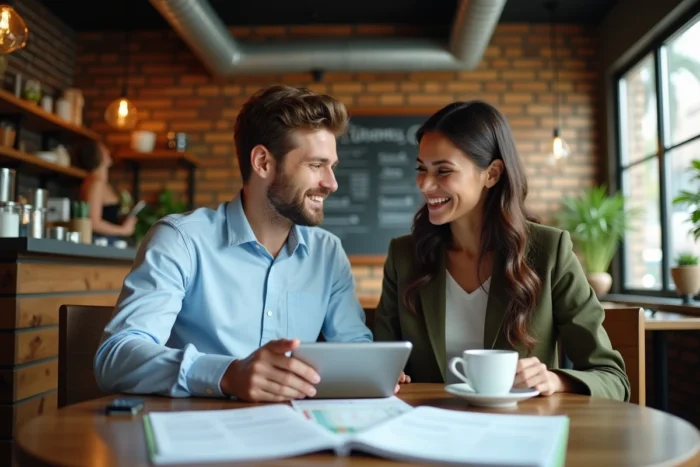 Deux jeunes entrepreneurs discutant de ressources pour créer leur entreprise autour d'un café dans un coffee shop indépendant