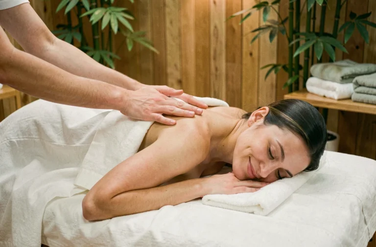Femme détendue lors d'un massage bien-être dans un spa zen avec décoration en bois et bambou