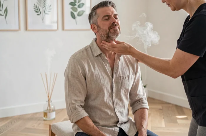 Homme recevant un massage des épaules et du cou dans un studio de bien-être moderne et minimaliste