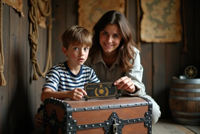 Mère et fils explorant un escape game sur le thème des pirates à Toulouse