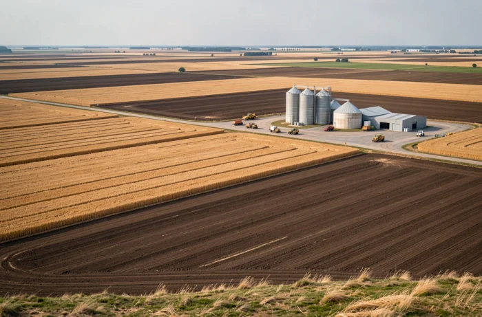 Vue panoramique de milliers d'hectares de terres agricoles et silos de la plus grande ferme de France