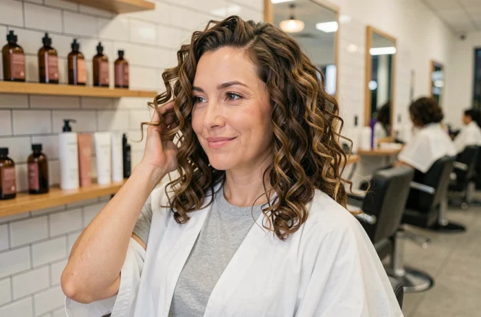 Femme aux boucles naturelles définies assise dans un salon de coiffure moderne après une permanente sans ammoniaque