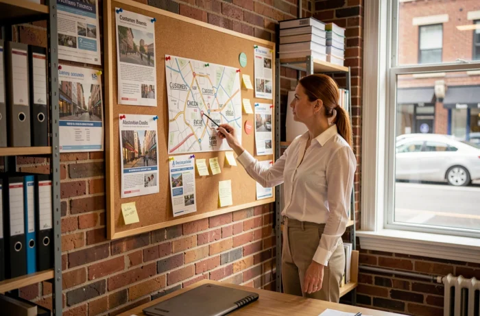 Responsable marketing local planifiant une campagne de proximité avec une carte de quartier et des flyers dans un bureau indépendant