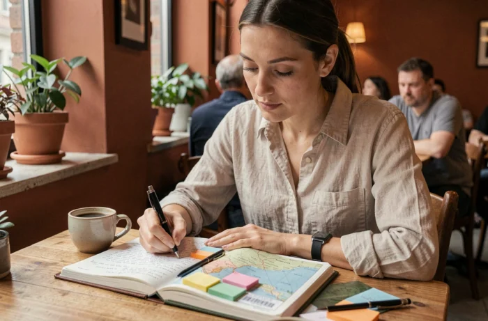 Femme planifiant un voyage dans un café avec un carnet de voyage, une carte et des notes manuscrites