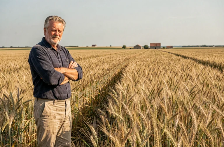 Agriculteur français devant sa grande ferme céréalière dans la plaine de la Beauce