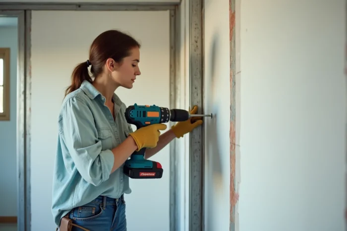 Femme vissant une plaque de plâtre sur une ossature métallique lors de travaux de cloison