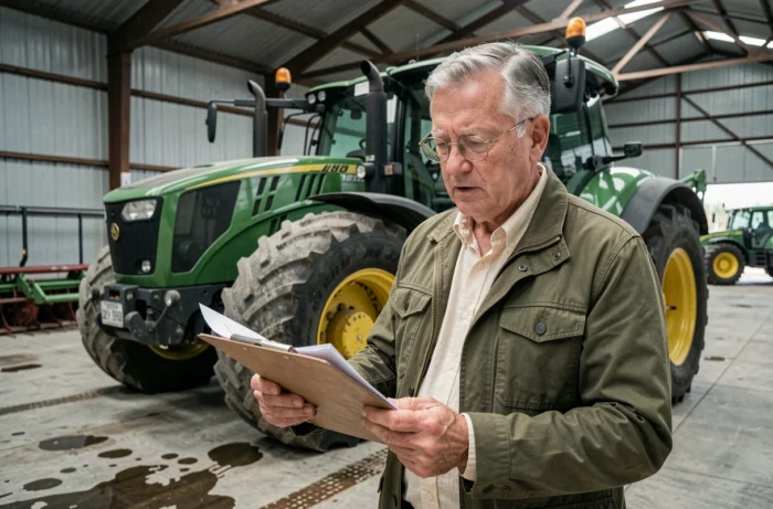 Propriétaire de la plus grande ferme de France dans son hangar agricole avec tracteur moderne