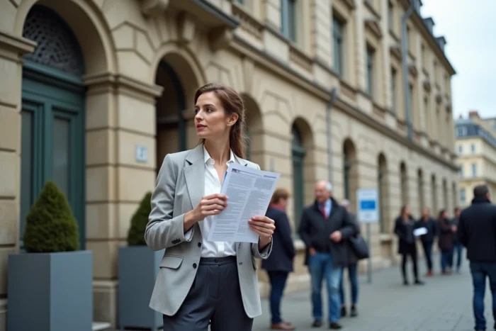 Femme devant une préfecture française tenant un formulaire pour récupérer son droit de conduire après calcul des points de permis