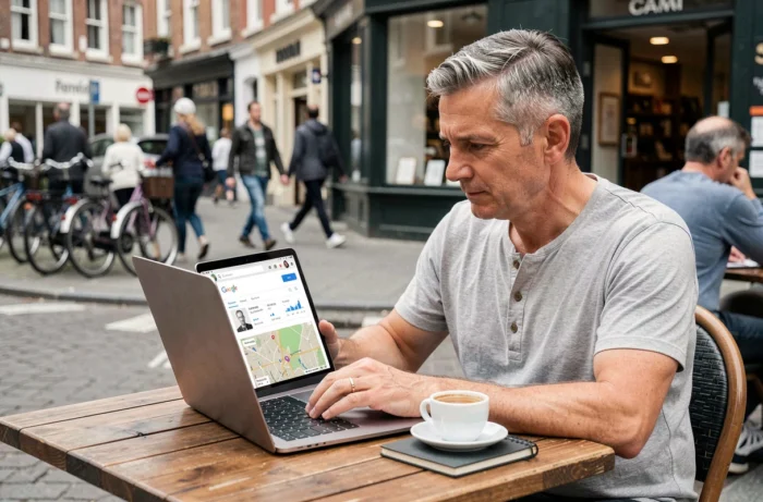 Entrepreneur travaillant sur le référencement local et la visibilité Google Maps depuis un café en plein air