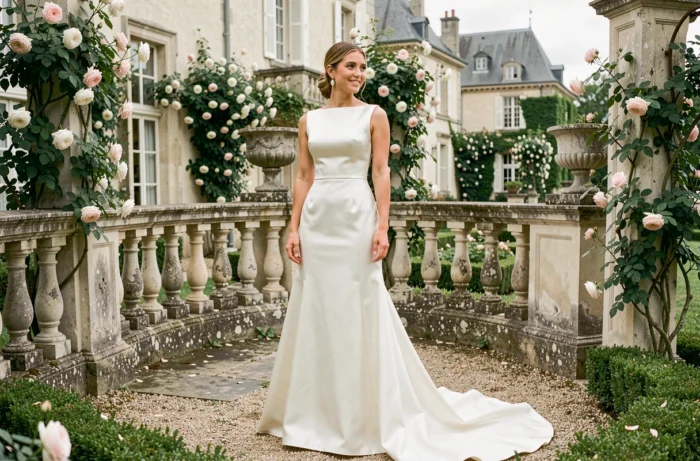 Mariée en robe de mariée satin minimaliste avec traîne cathédrale dans un jardin de château français aux rosiers en fleurs