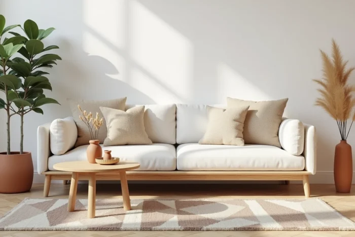 Salon moderne au style scandinave avec canapé en lin crème, table basse en chêne et plante verte dans un pot en terre cuite