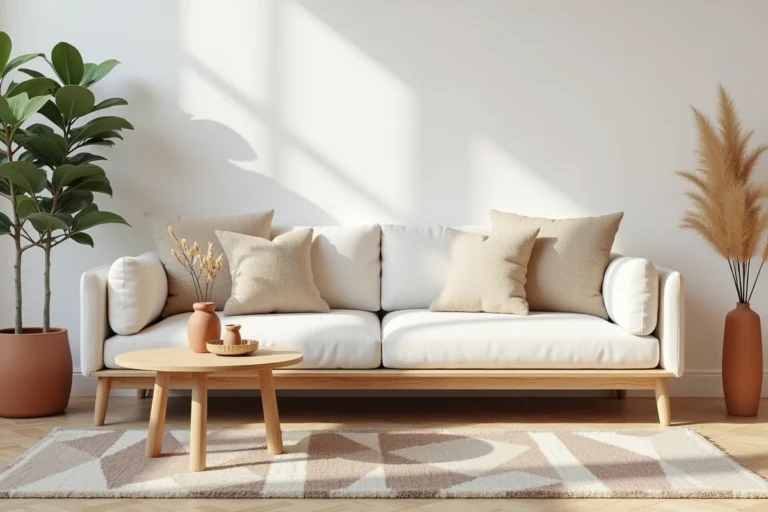 Salon moderne au style scandinave avec canapé en lin crème, table basse en chêne et plante verte dans un pot en terre cuite
