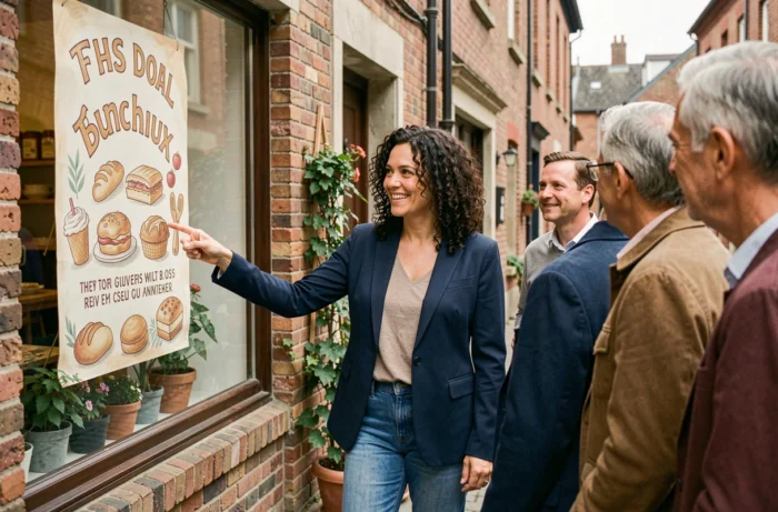 Femme entrepreneur présentant une stratégie de marketing local devant la vitrine d'une boulangerie de quartier