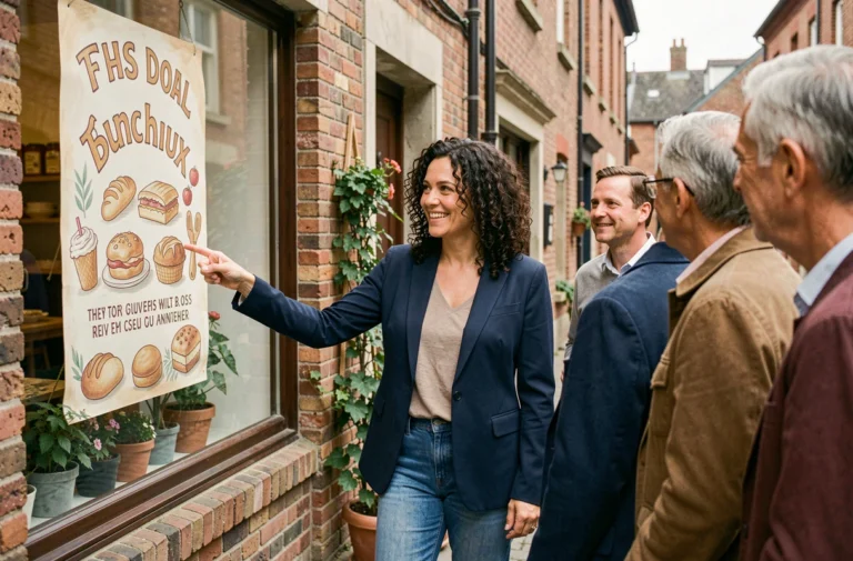 Femme entrepreneur présentant une stratégie de marketing local devant la vitrine d'une boulangerie de quartier