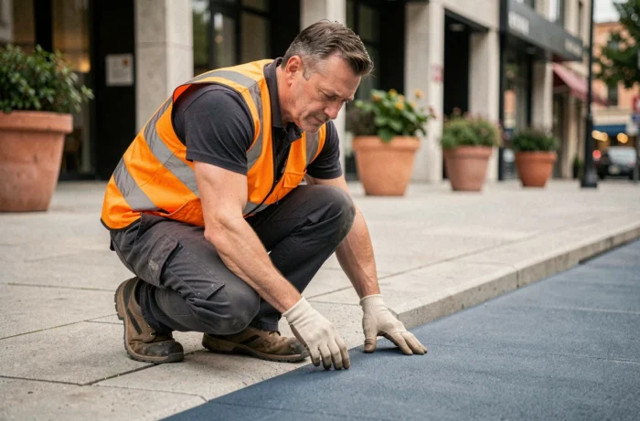 Technicien inspectant un revêtement de sol thermoplastique dans une zone piétonne urbaine