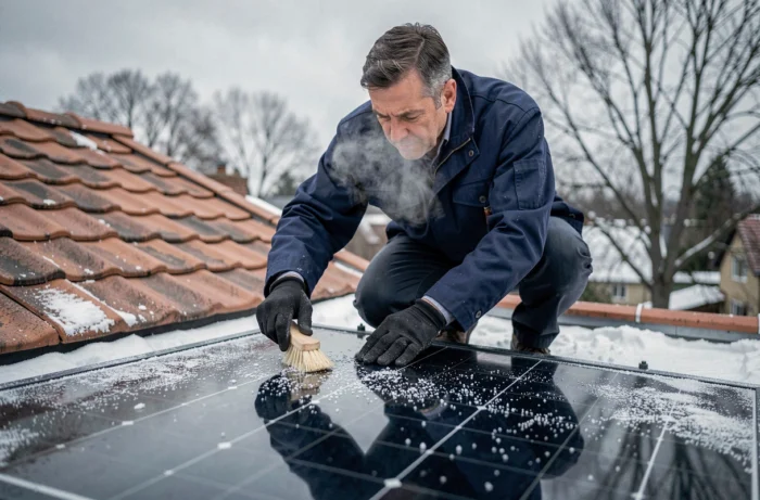 Technicien inspectant un panneau solaire thermique enneigé sur un toit en hiver pour optimiser son rendement