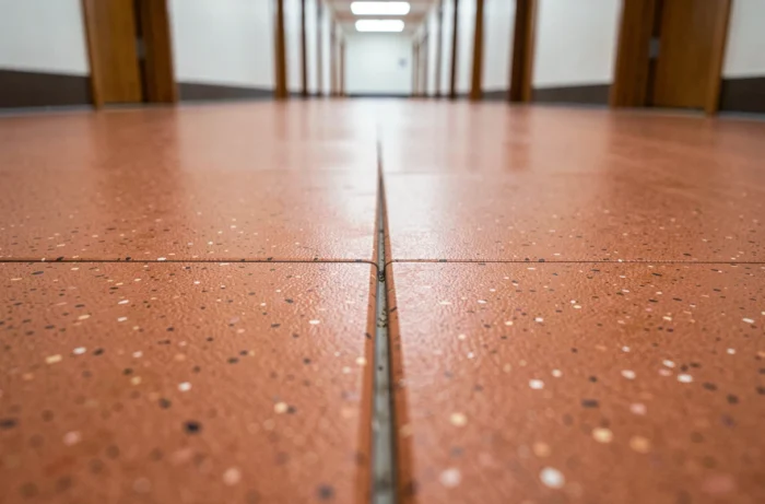 Gros plan sur la texture d'un sol thermoplastique antidérapant dans un couloir scolaire