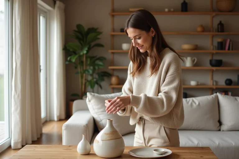 Femme arrangeant des vases en céramique dans un salon cosy